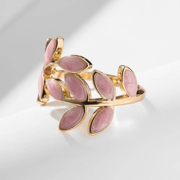 Leaf Design Cuff Ring Gold Pink Adjustable Boho Festival Leaves Botany Plant - Picture 4 of 5